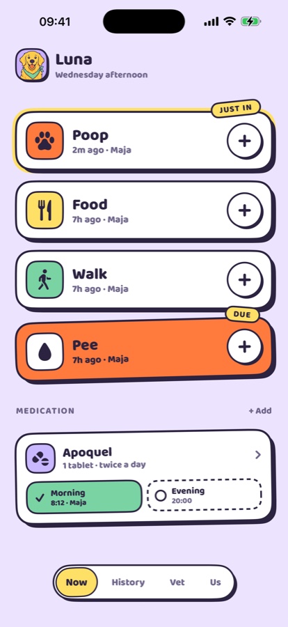 The Now screen: poop, food and walk rows with who did it and how long ago, and today's medication