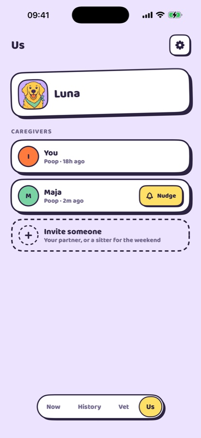 The Us screen: the pet, the caregivers and the invite