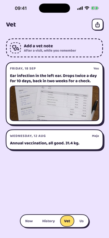 The Vet screen with a note and the receipt photographed